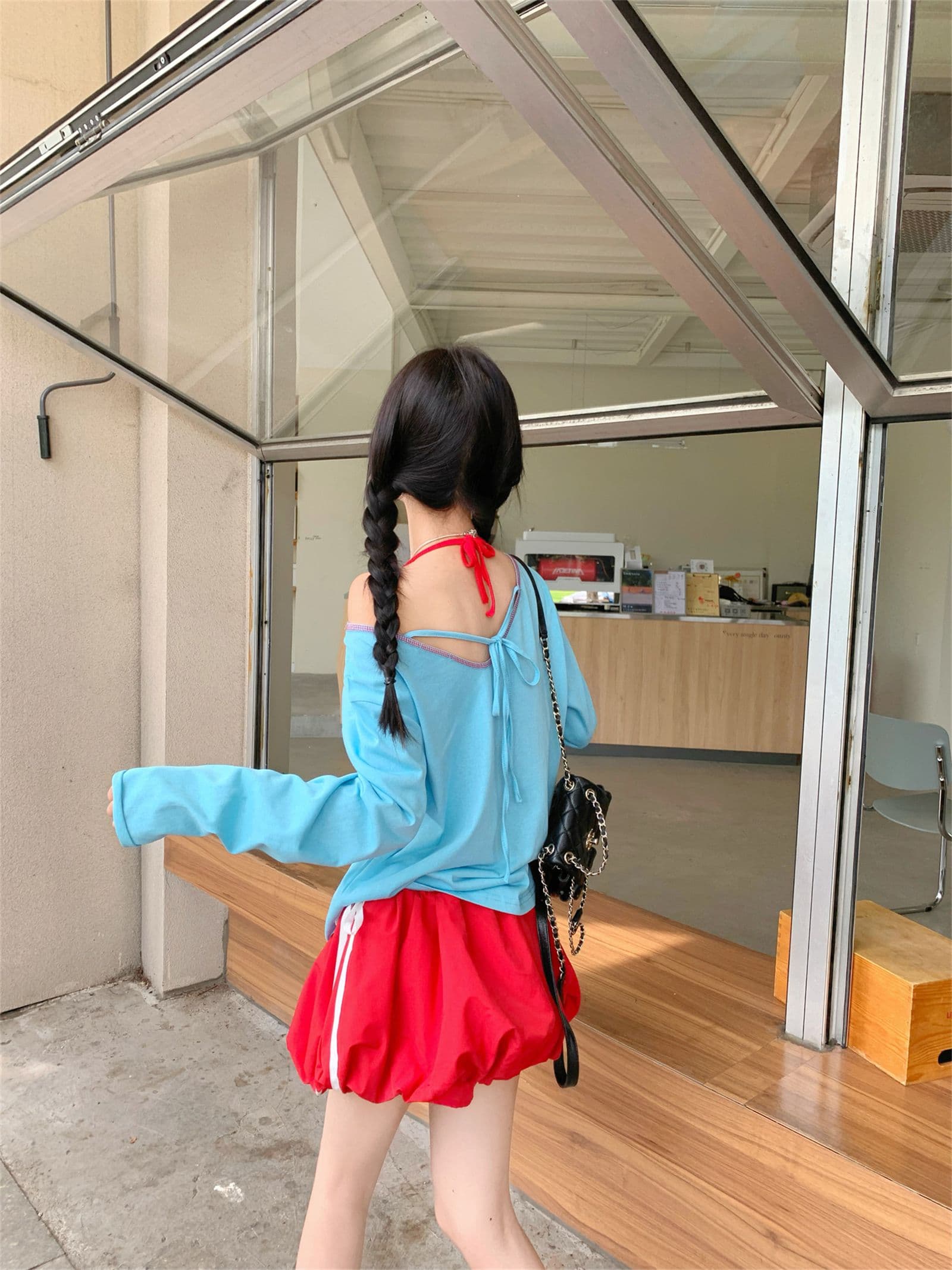 리넨 면화 벨트 가슴 패드 휴가 바람 세트 비스듬한 어깨 긴팔 티셔츠 인사이드 가져 가라. 행침 목 캐미솔 가을 상세 이미지 6