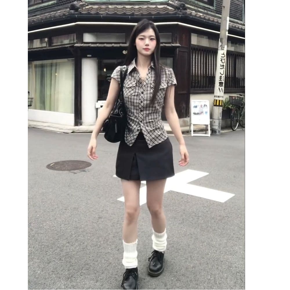 있음 선적 원본 한 부서 레트로 체크무늬 꼬집기 허리 여성 셔츠 여름 디자인 센스 몸매 가꾸기 쇼트 스타일 셔츠 맨위 이미지 4
