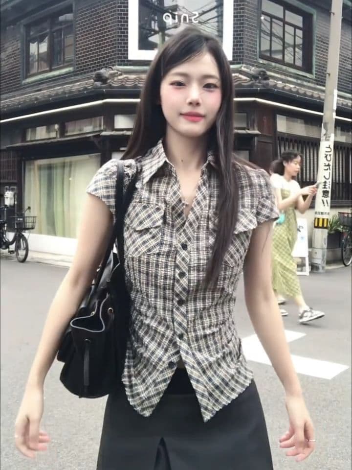 있음 선적 원본 한 부서 레트로 체크무늬 꼬집기 허리 여성 셔츠 여름 디자인 센스 몸매 가꾸기 쇼트 스타일 셔츠 맨위 상세 이미지 4