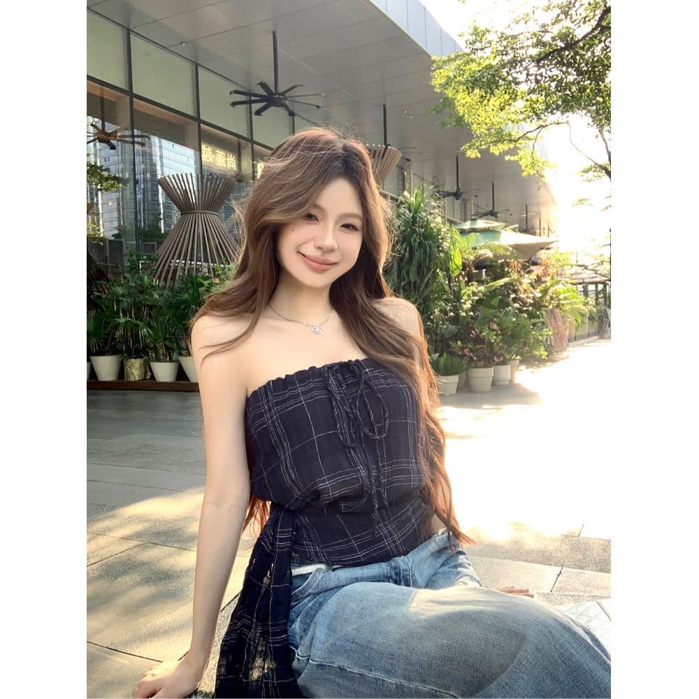 원본 체크무늬 레트로 체크무늬 민소매 튜브탑 조끼 여성 여름 스트랩 몸매 가꾸기 핫걸 바람 슬림해 보이는 맨위 이미지 2