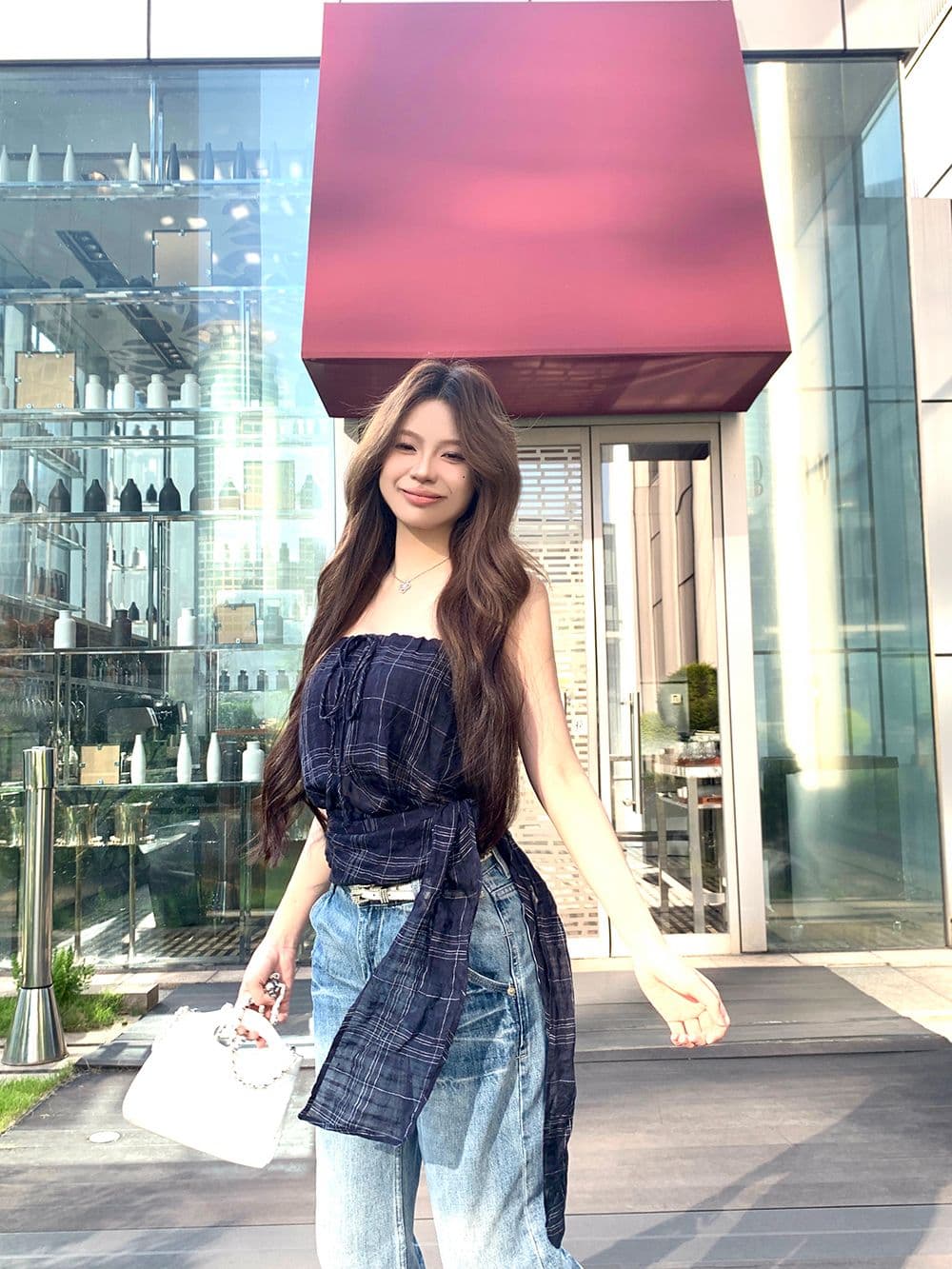 원본 체크무늬 레트로 체크무늬 민소매 튜브탑 조끼 여성 여름 스트랩 몸매 가꾸기 핫걸 바람 슬림해 보이는 맨위 상세 이미지 2