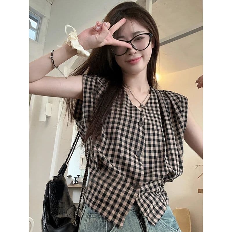 있음 선적 컬러 짜임 그리드 레트로 빨간색 체크무늬 조끼 민소매 여성 셔츠 디자인 센스 작은 대중 여름 꼬집기 허리 위로 의류
