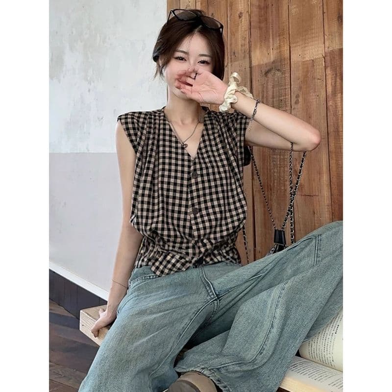 있음 선적 컬러 짜임 그리드 레트로 빨간색 체크무늬 조끼 민소매 여성 셔츠 디자인 센스 작은 대중 여름 꼬집기 허리 위로 의류 상세 이미지 4