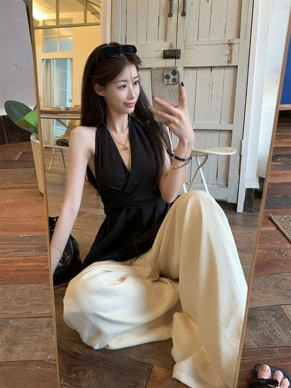 있음 선적 원본 한국 스타일 비틀림 행침 목 오프숄더 쉬폰 여성 셔츠 여름 허리 수축 민소매 조끼 맨위 외출용 상세 이미지 4