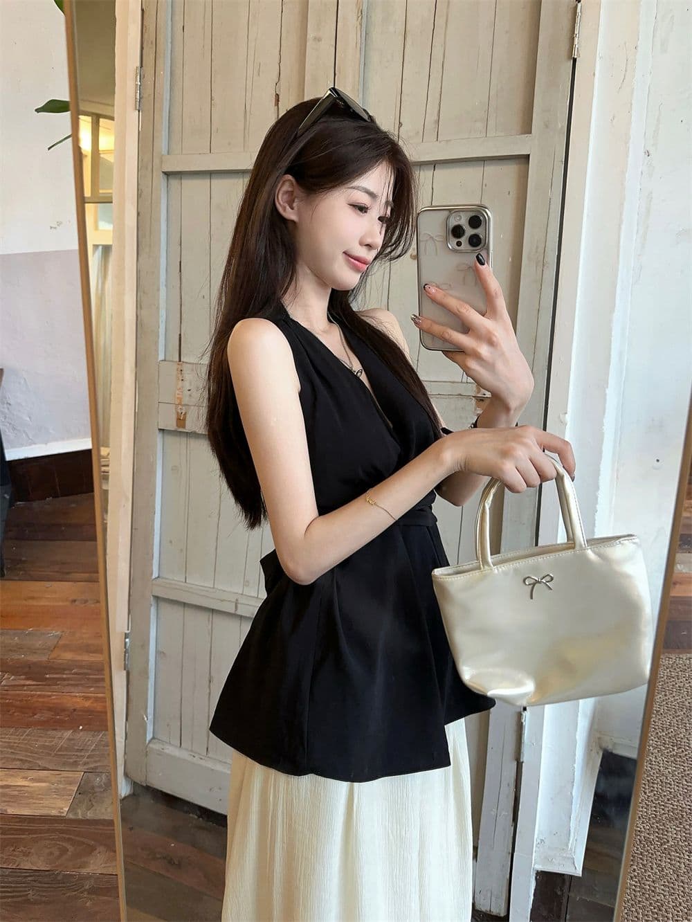 있음 선적 원본 한국 스타일 비틀림 행침 목 오프숄더 쉬폰 여성 셔츠 여름 허리 수축 민소매 조끼 맨위 외출용 상세 이미지 19