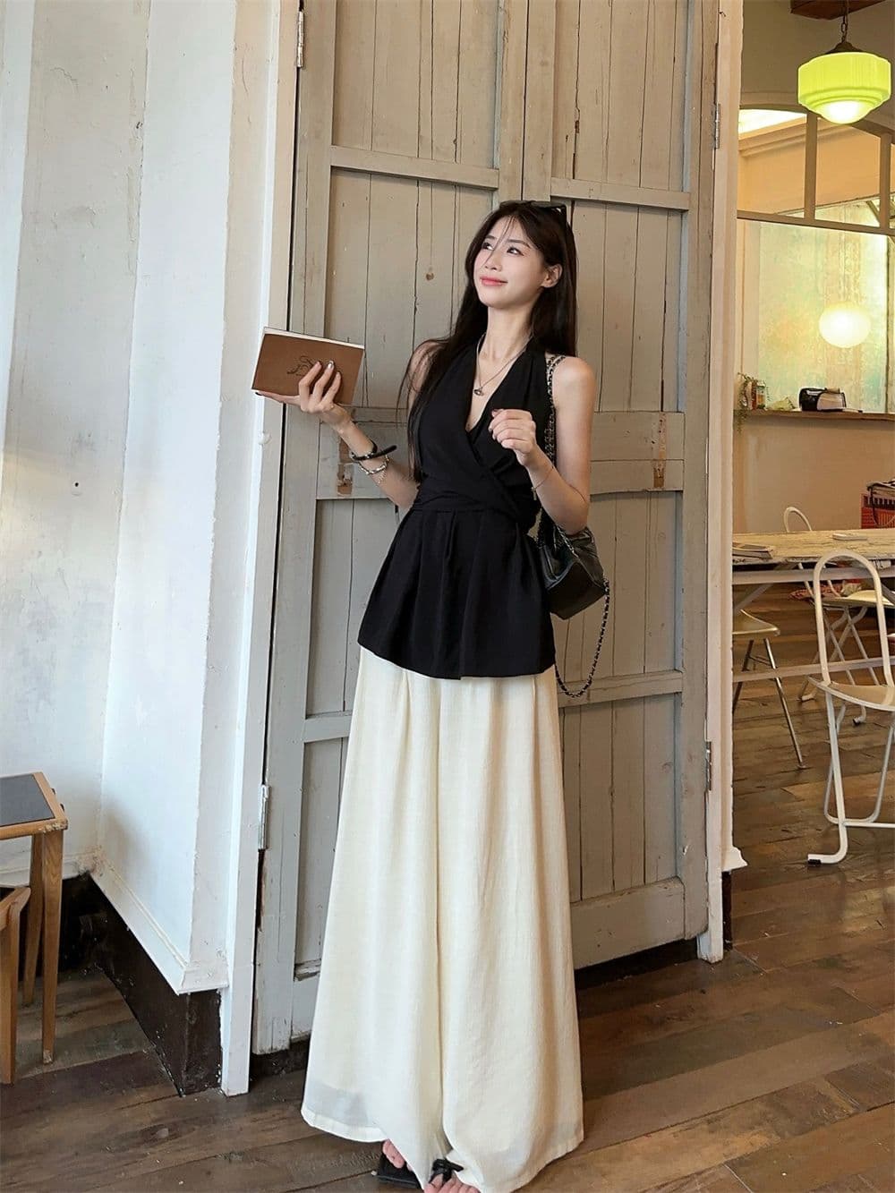 있음 선적 원본 한국 스타일 비틀림 행침 목 오프숄더 쉬폰 여성 셔츠 여름 허리 수축 민소매 조끼 맨위 외출용 상세 이미지 20