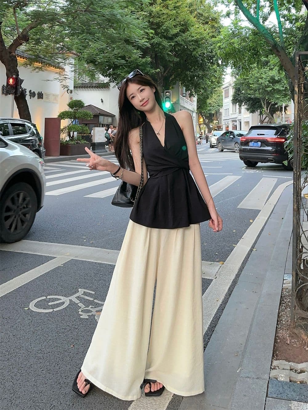 있음 선적 원본 한국 스타일 비틀림 행침 목 오프숄더 쉬폰 여성 셔츠 여름 허리 수축 민소매 조끼 맨위 외출용 상세 이미지 25