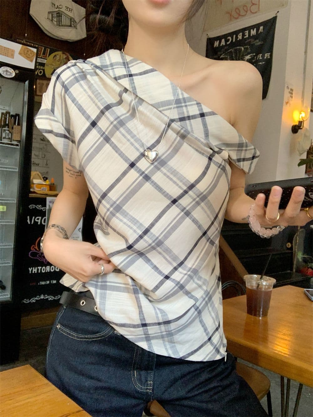 있음 선적 측면 지퍼 디자인 센스 핫걸 비스듬한 어깨 반팔 티셔츠 여성 여름 체크무늬 조끼 불규칙 맨위 상세 이미지 3