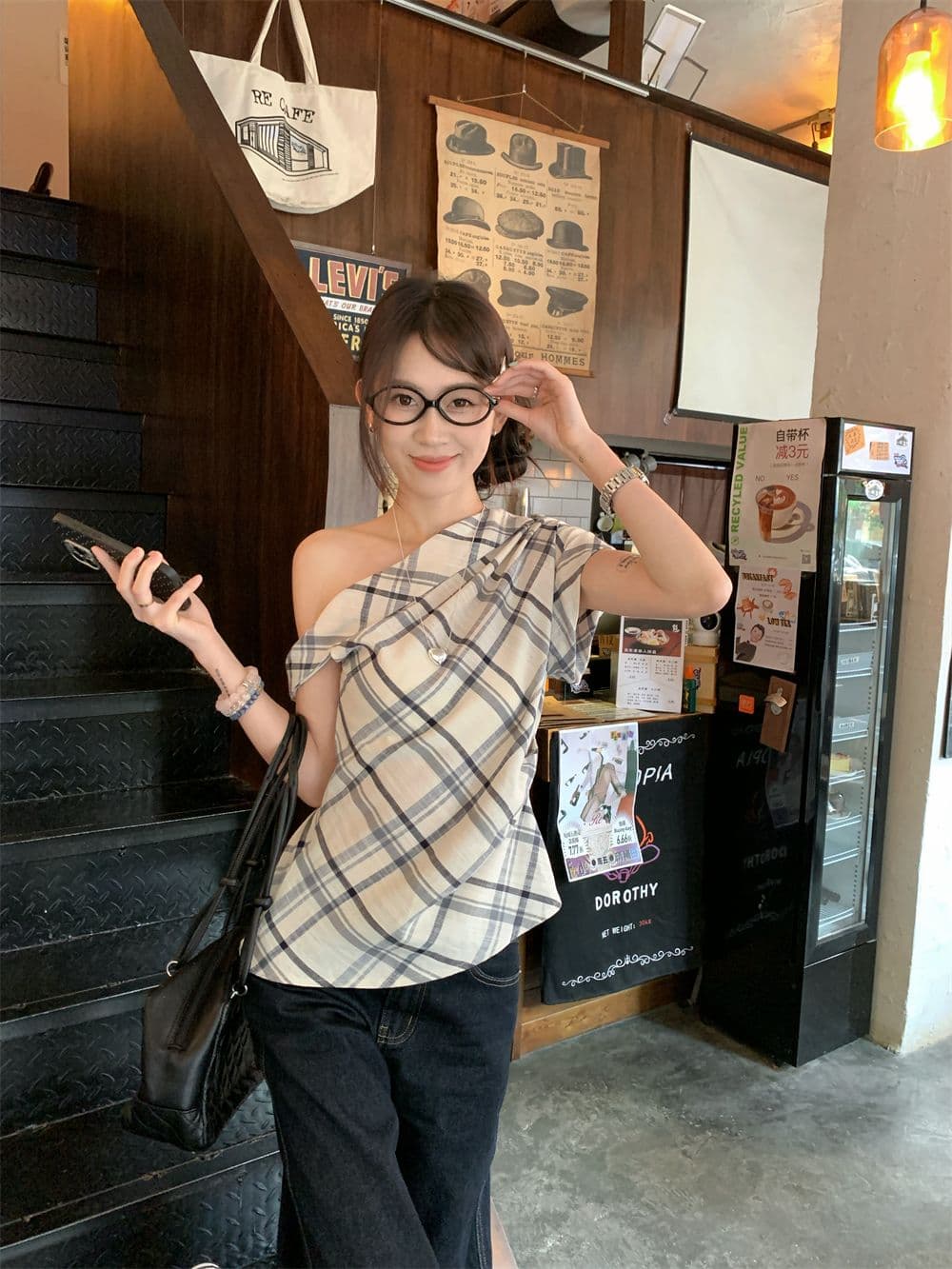 있음 선적 측면 지퍼 디자인 센스 핫걸 비스듬한 어깨 반팔 티셔츠 여성 여름 체크무늬 조끼 불규칙 맨위 상세 이미지 6