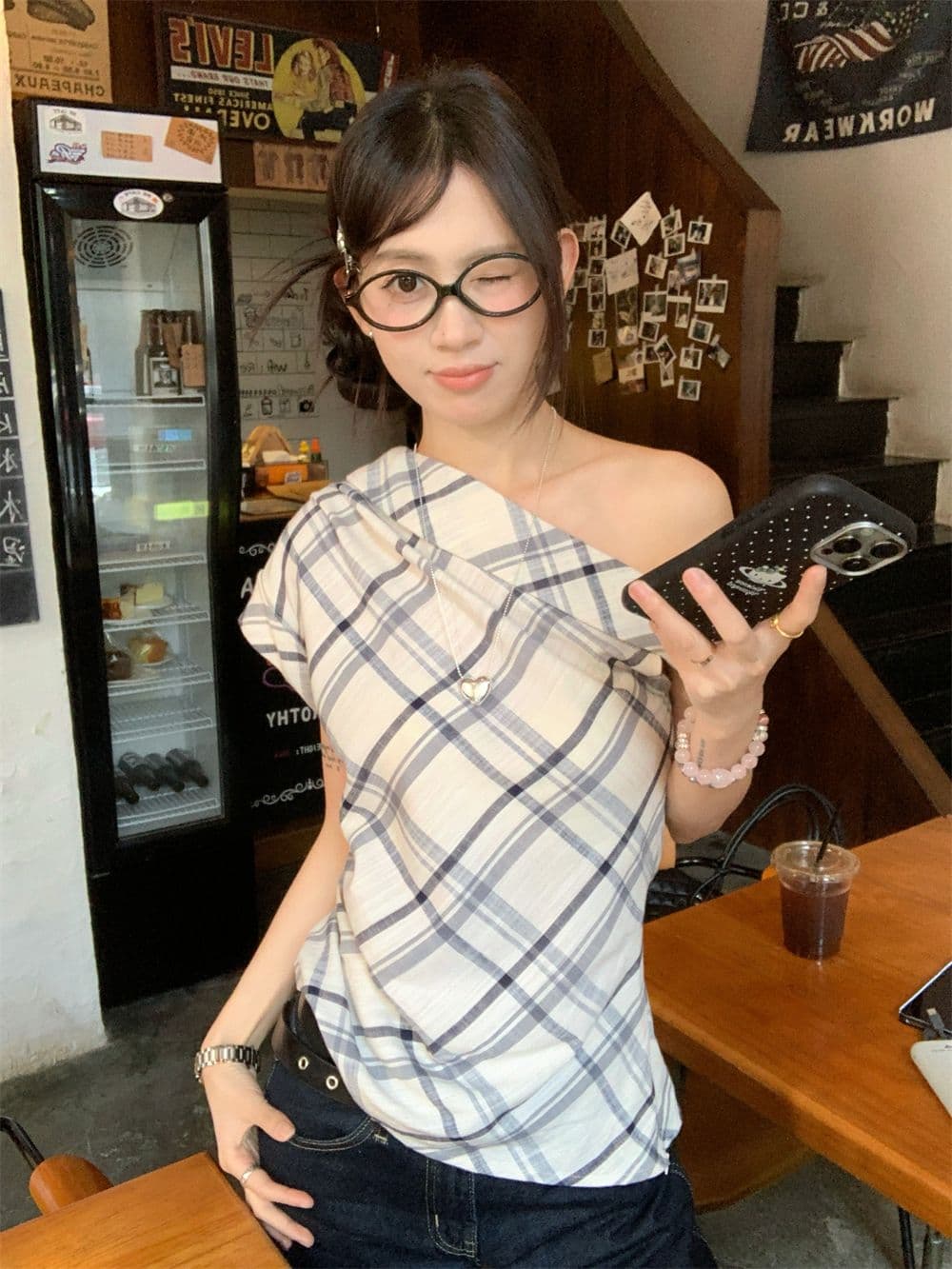 있음 선적 측면 지퍼 디자인 센스 핫걸 비스듬한 어깨 반팔 티셔츠 여성 여름 체크무늬 조끼 불규칙 맨위 상세 이미지 10