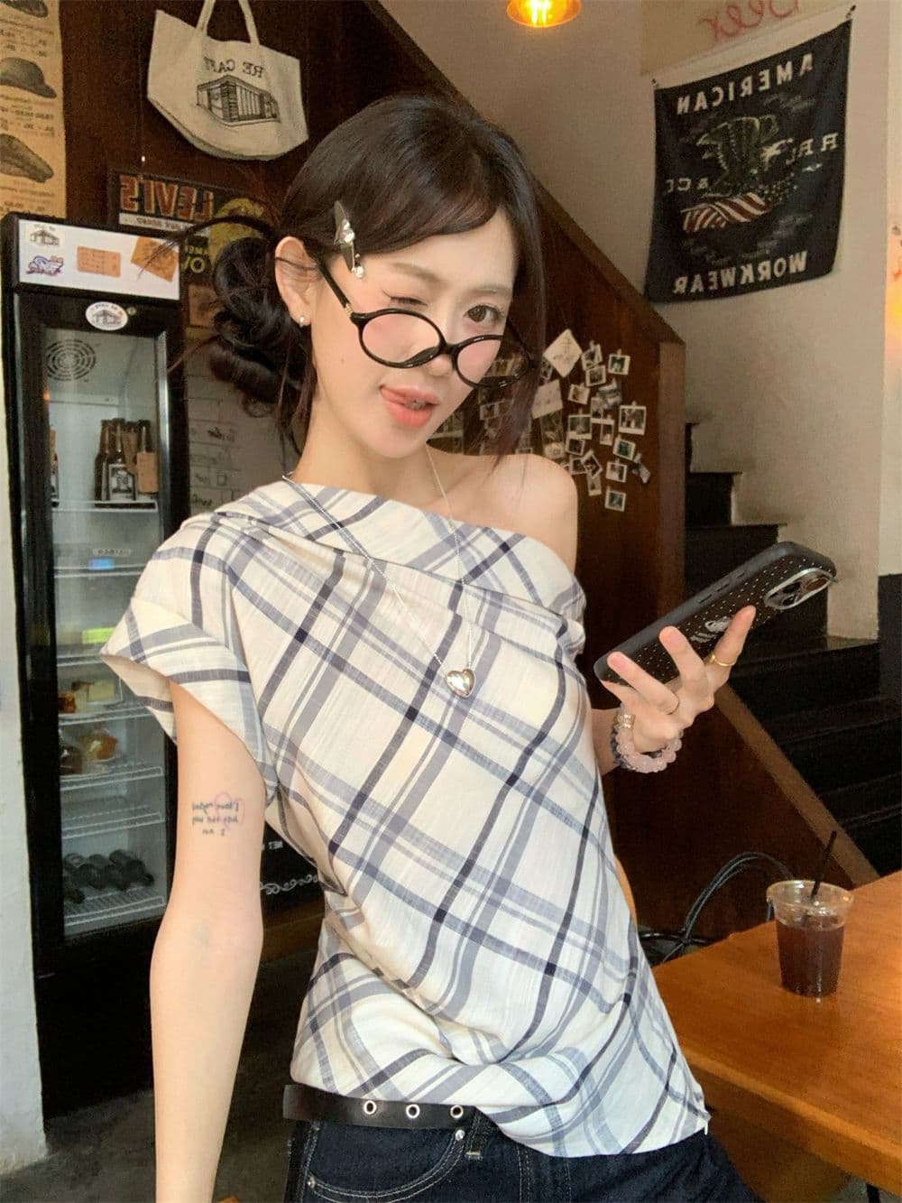 있음 선적 측면 지퍼 디자인 센스 핫걸 비스듬한 어깨 반팔 티셔츠 여성 여름 체크무늬 조끼 불규칙 맨위 상세 이미지 11