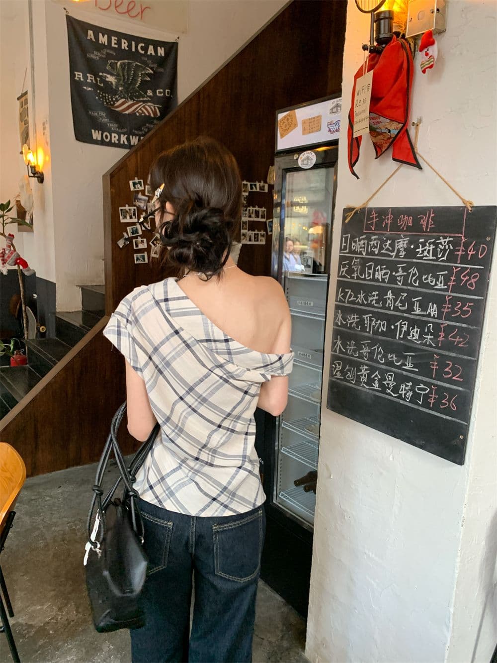 있음 선적 측면 지퍼 디자인 센스 핫걸 비스듬한 어깨 반팔 티셔츠 여성 여름 체크무늬 조끼 불규칙 맨위 상세 이미지 12