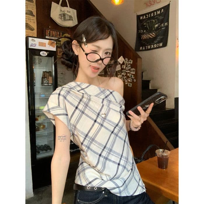 있음 선적 측면 지퍼 디자인 센스 핫걸 비스듬한 어깨 반팔 티셔츠 여성 여름 체크무늬 조끼 불규칙 맨위 상세 이미지 21
