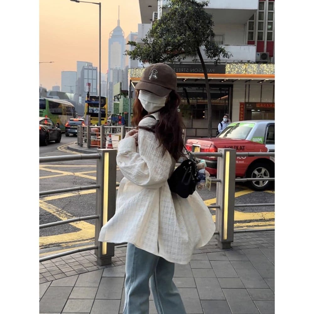 경관 그림 원본 품질 루즈핏 캐주얼 긴팔 셔츠 느긋한 바람 자외선 차단 맨위 체크무늬 셔츠 이미지 2