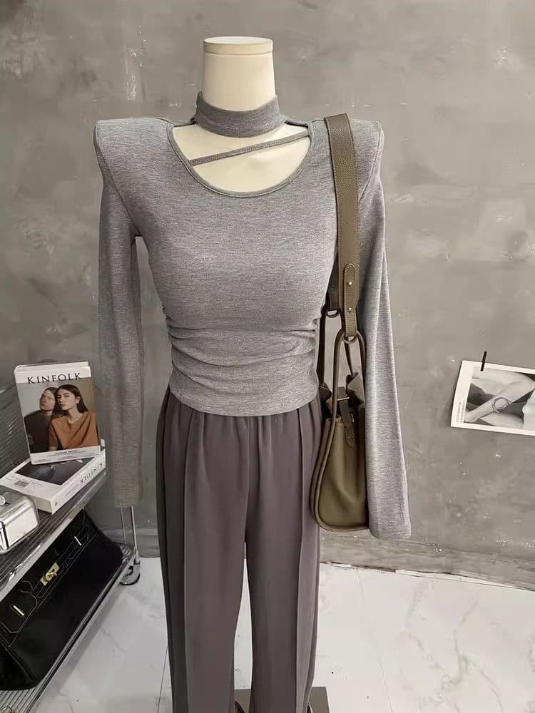 한국 스타일 가을 새로운 섹시함 단색 행침 목 홀로우 아웃 맨위 몸매 가꾸기 슬림해 보이는 티셔츠 디자인 센스 긴팔 기본 셔츠 상세 이미지 4
