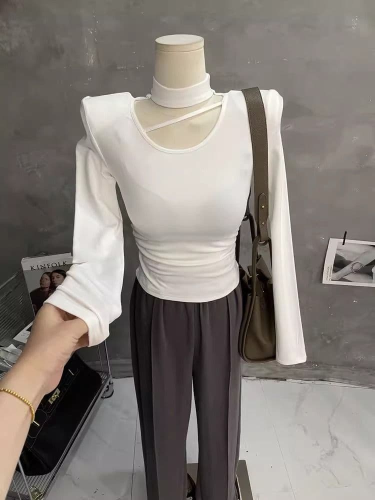 한국 스타일 가을 새로운 섹시함 단색 행침 목 홀로우 아웃 맨위 몸매 가꾸기 슬림해 보이는 티셔츠 디자인 센스 긴팔 기본 셔츠 상세 이미지 7