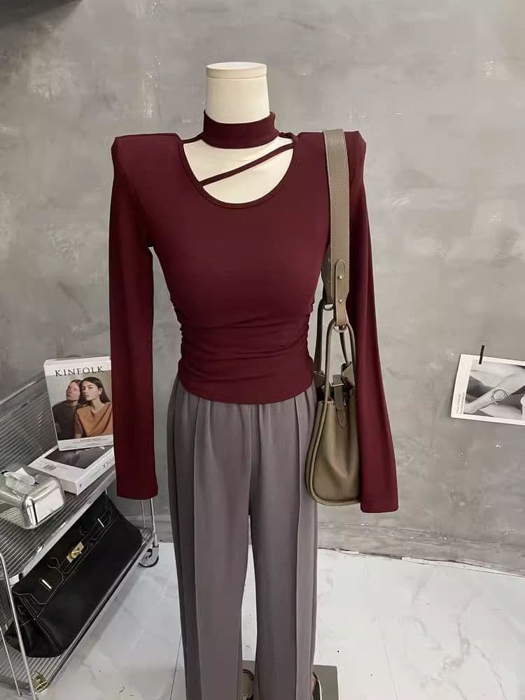 한국 스타일 가을 새로운 섹시함 단색 행침 목 홀로우 아웃 맨위 몸매 가꾸기 슬림해 보이는 티셔츠 디자인 센스 긴팔 기본 셔츠 상세 이미지 15