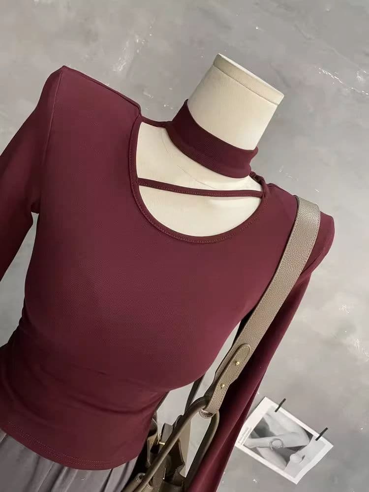 한국 스타일 가을 새로운 섹시함 단색 행침 목 홀로우 아웃 맨위 몸매 가꾸기 슬림해 보이는 티셔츠 디자인 센스 긴팔 기본 셔츠 상세 이미지 16