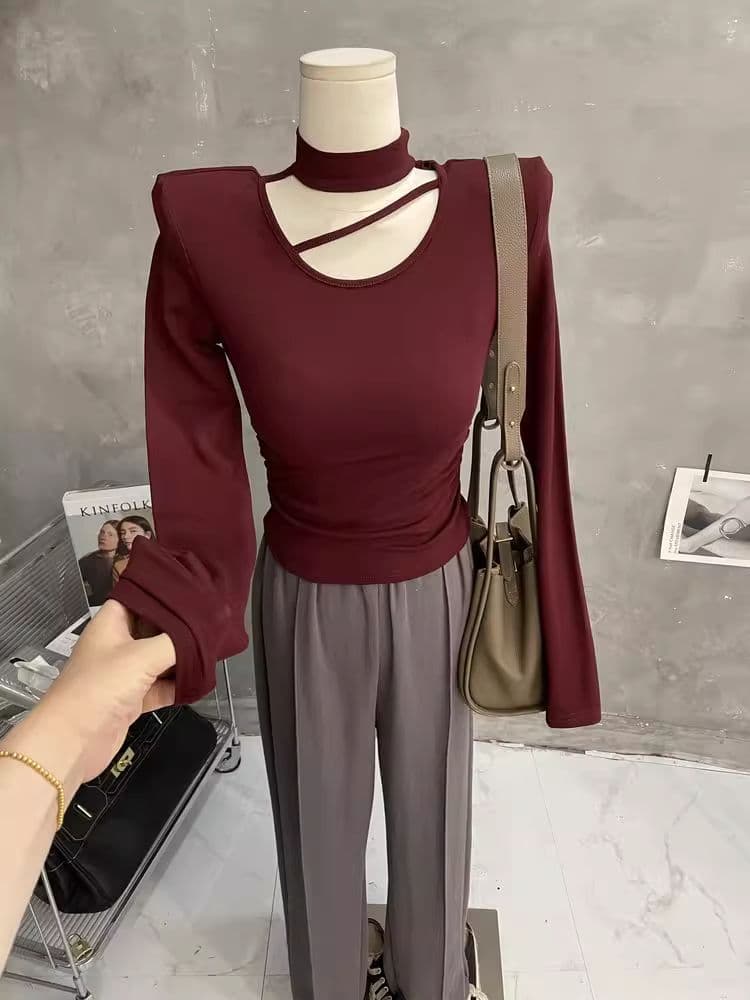 한국 스타일 가을 새로운 섹시함 단색 행침 목 홀로우 아웃 맨위 몸매 가꾸기 슬림해 보이는 티셔츠 디자인 센스 긴팔 기본 셔츠 상세 이미지 17