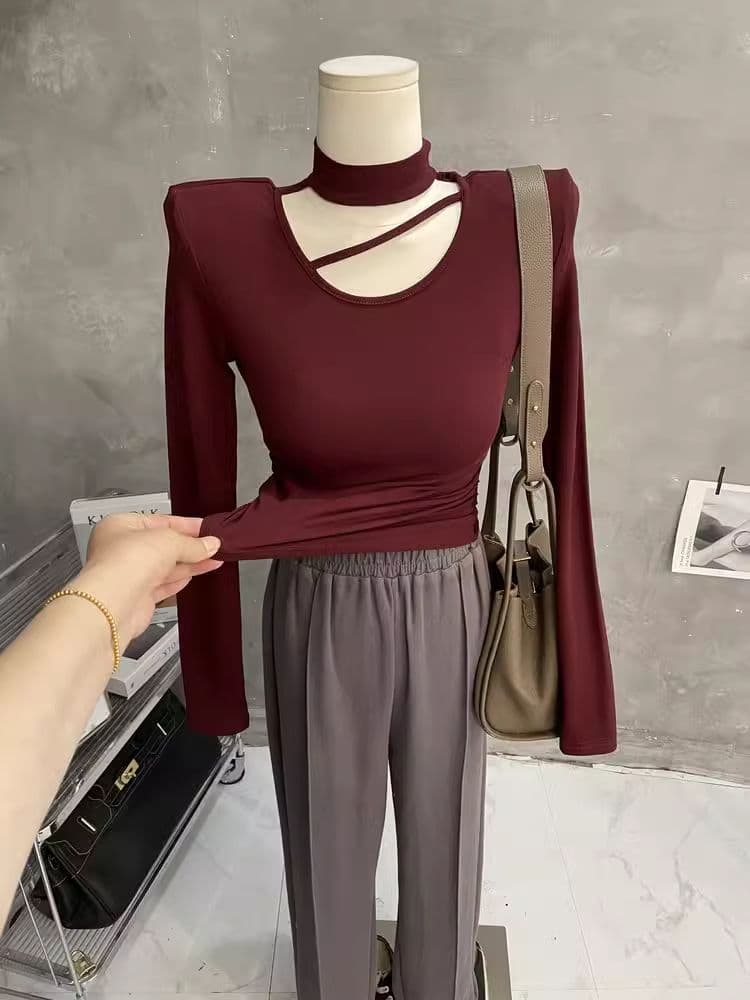한국 스타일 가을 새로운 섹시함 단색 행침 목 홀로우 아웃 맨위 몸매 가꾸기 슬림해 보이는 티셔츠 디자인 센스 긴팔 기본 셔츠 상세 이미지 18