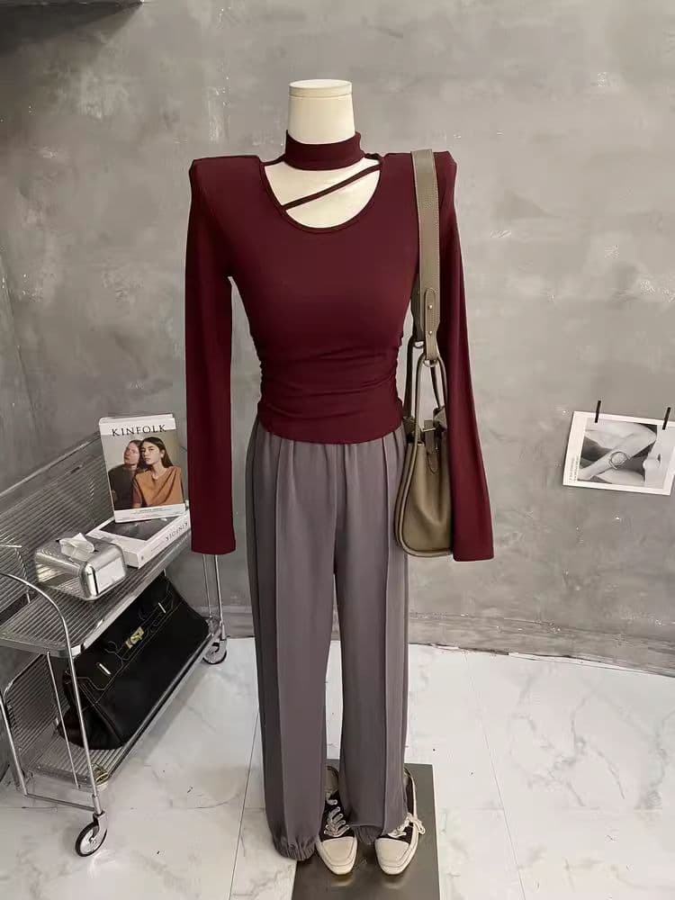 한국 스타일 가을 새로운 섹시함 단색 행침 목 홀로우 아웃 맨위 몸매 가꾸기 슬림해 보이는 티셔츠 디자인 센스 긴팔 기본 셔츠 상세 이미지 19