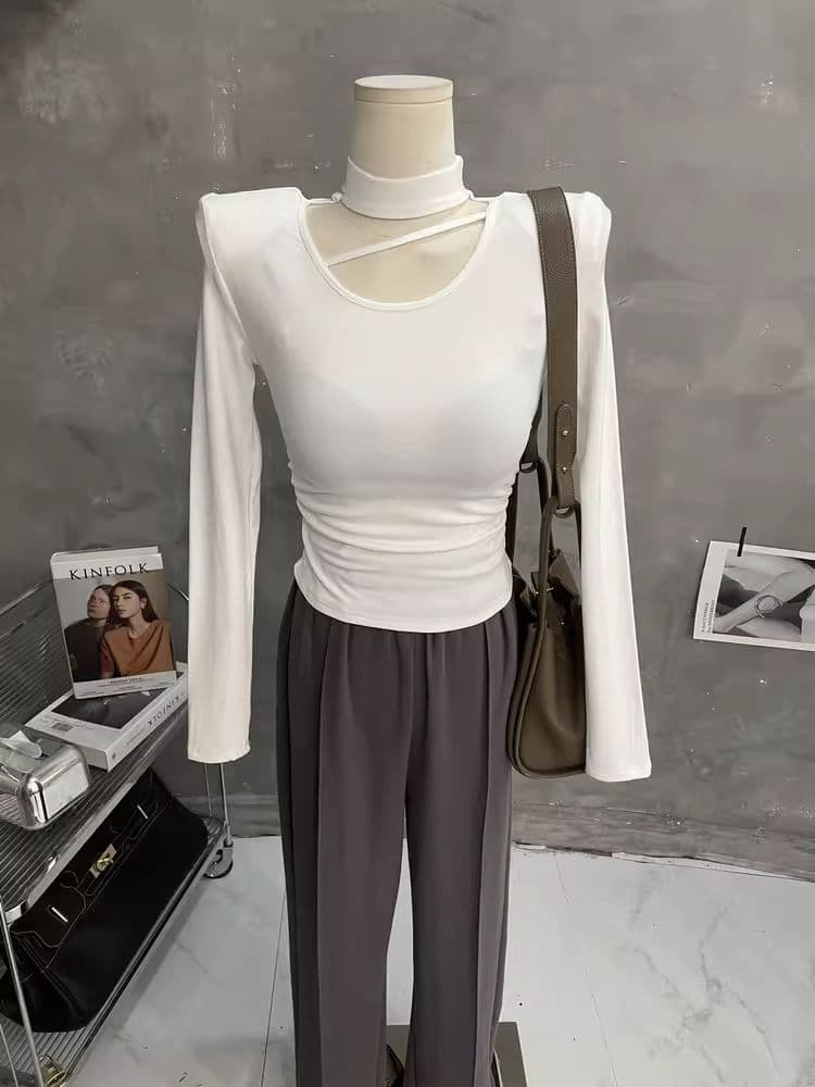 한국 스타일 가을 새로운 섹시함 단색 행침 목 홀로우 아웃 맨위 몸매 가꾸기 슬림해 보이는 티셔츠 디자인 센스 긴팔 기본 셔츠 상세 이미지 20