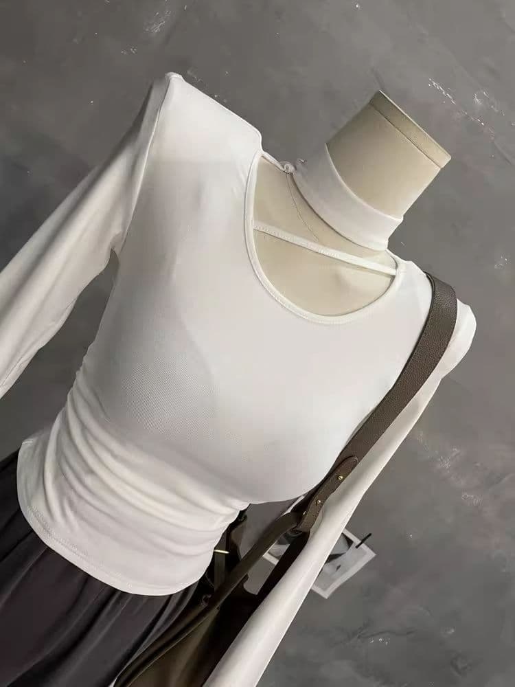 한국 스타일 가을 새로운 섹시함 단색 행침 목 홀로우 아웃 맨위 몸매 가꾸기 슬림해 보이는 티셔츠 디자인 센스 긴팔 기본 셔츠 상세 이미지 21