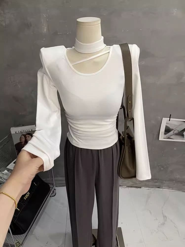 한국 스타일 가을 새로운 섹시함 단색 행침 목 홀로우 아웃 맨위 몸매 가꾸기 슬림해 보이는 티셔츠 디자인 센스 긴팔 기본 셔츠 상세 이미지 23