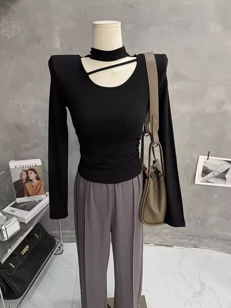 한국 스타일 가을 새로운 섹시함 단색 행침 목 홀로우 아웃 맨위 몸매 가꾸기 슬림해 보이는 티셔츠 디자인 센스 긴팔 기본 셔츠 상세 이미지 25