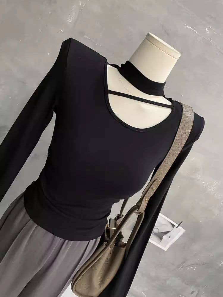 한국 스타일 가을 새로운 섹시함 단색 행침 목 홀로우 아웃 맨위 몸매 가꾸기 슬림해 보이는 티셔츠 디자인 센스 긴팔 기본 셔츠 상세 이미지 26