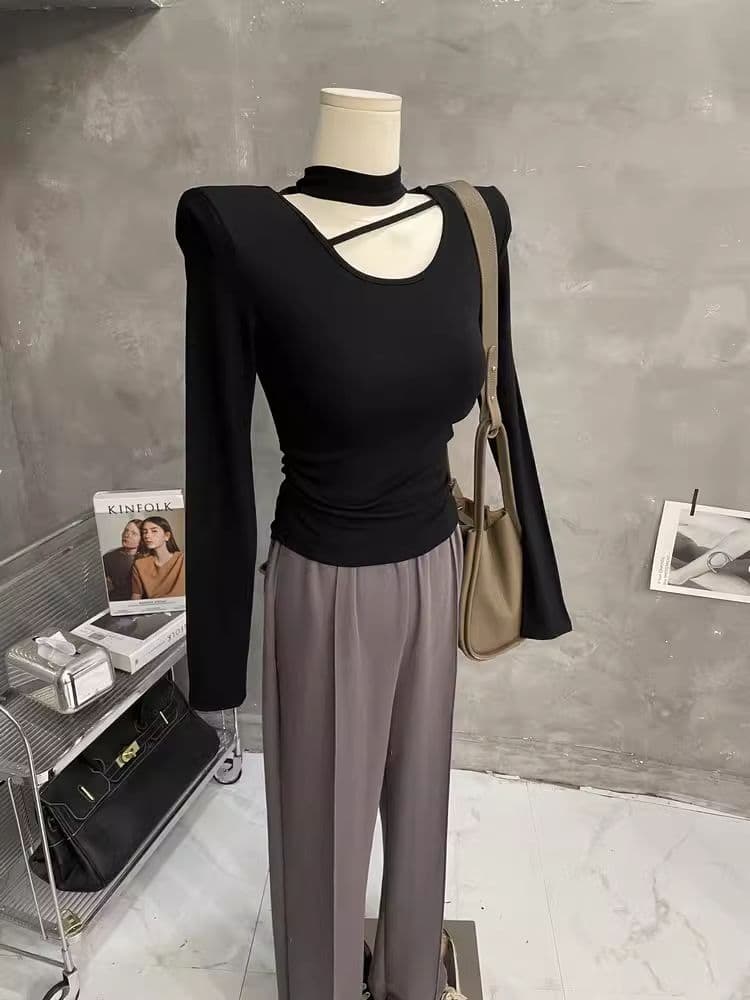 한국 스타일 가을 새로운 섹시함 단색 행침 목 홀로우 아웃 맨위 몸매 가꾸기 슬림해 보이는 티셔츠 디자인 센스 긴팔 기본 셔츠 상세 이미지 29