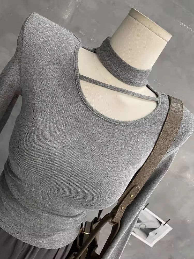 한국 스타일 가을 새로운 섹시함 단색 행침 목 홀로우 아웃 맨위 몸매 가꾸기 슬림해 보이는 티셔츠 디자인 센스 긴팔 기본 셔츠 상세 이미지 31
