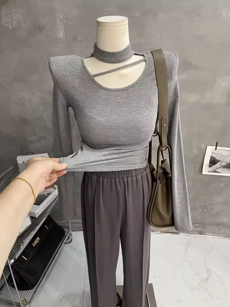 한국 스타일 가을 새로운 섹시함 단색 행침 목 홀로우 아웃 맨위 몸매 가꾸기 슬림해 보이는 티셔츠 디자인 센스 긴팔 기본 셔츠 상세 이미지 33