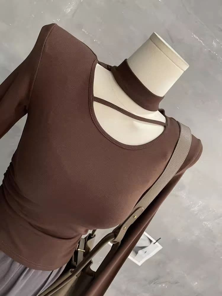 한국 스타일 가을 새로운 섹시함 단색 행침 목 홀로우 아웃 맨위 몸매 가꾸기 슬림해 보이는 티셔츠 디자인 센스 긴팔 기본 셔츠 상세 이미지 36