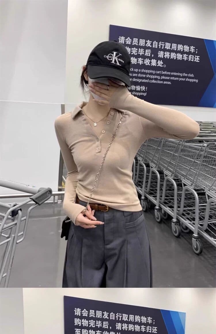 인사이드 가져 가라. POLO 칼라 폴로 칼라 De 플러시 긴팔 티셔츠 여성 이른 가을 쇼트 스타일 몸매 가꾸기 V넥 연삭 털 기본 셔츠 맨위 상세 이미지 6