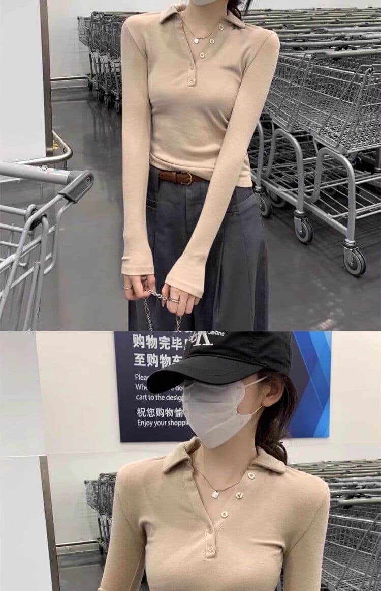 인사이드 가져 가라. POLO 칼라 폴로 칼라 De 플러시 긴팔 티셔츠 여성 이른 가을 쇼트 스타일 몸매 가꾸기 V넥 연삭 털 기본 셔츠 맨위 상세 이미지 8