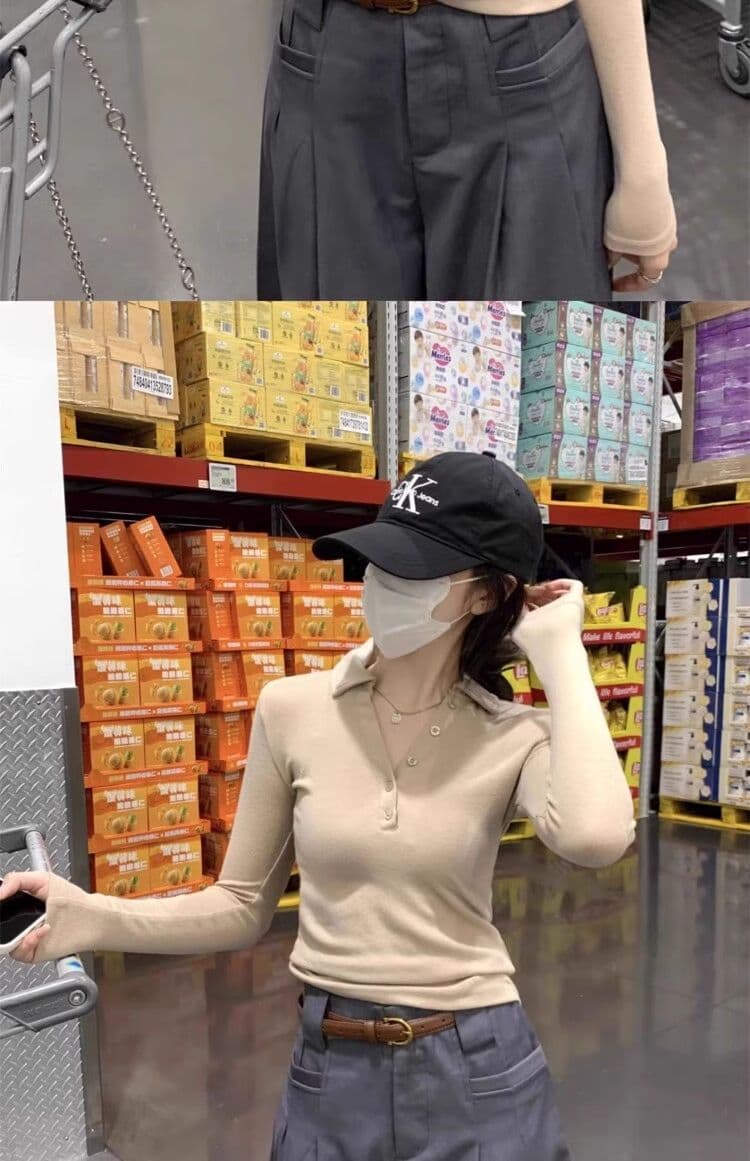 인사이드 가져 가라. POLO 칼라 폴로 칼라 De 플러시 긴팔 티셔츠 여성 이른 가을 쇼트 스타일 몸매 가꾸기 V넥 연삭 털 기본 셔츠 맨위 상세 이미지 10