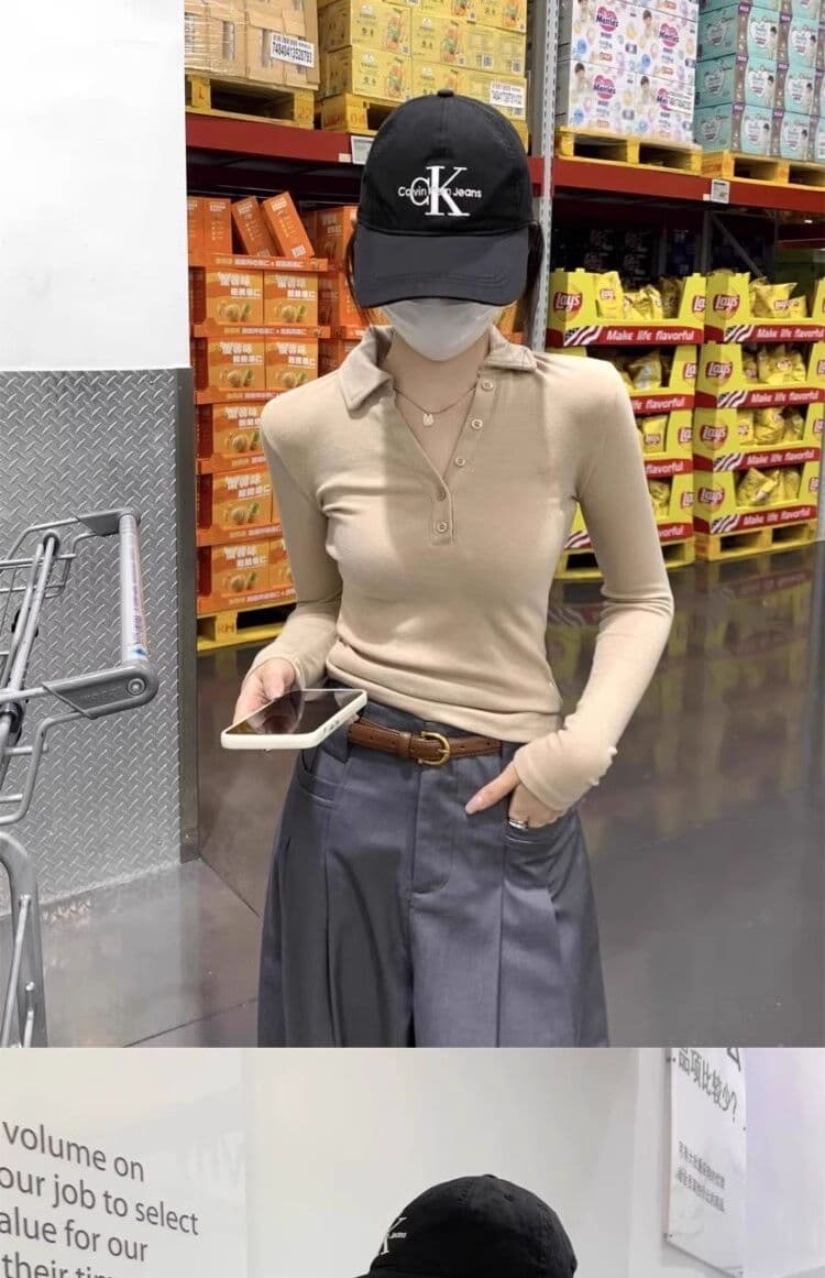 인사이드 가져 가라. POLO 칼라 폴로 칼라 De 플러시 긴팔 티셔츠 여성 이른 가을 쇼트 스타일 몸매 가꾸기 V넥 연삭 털 기본 셔츠 맨위 상세 이미지 12
