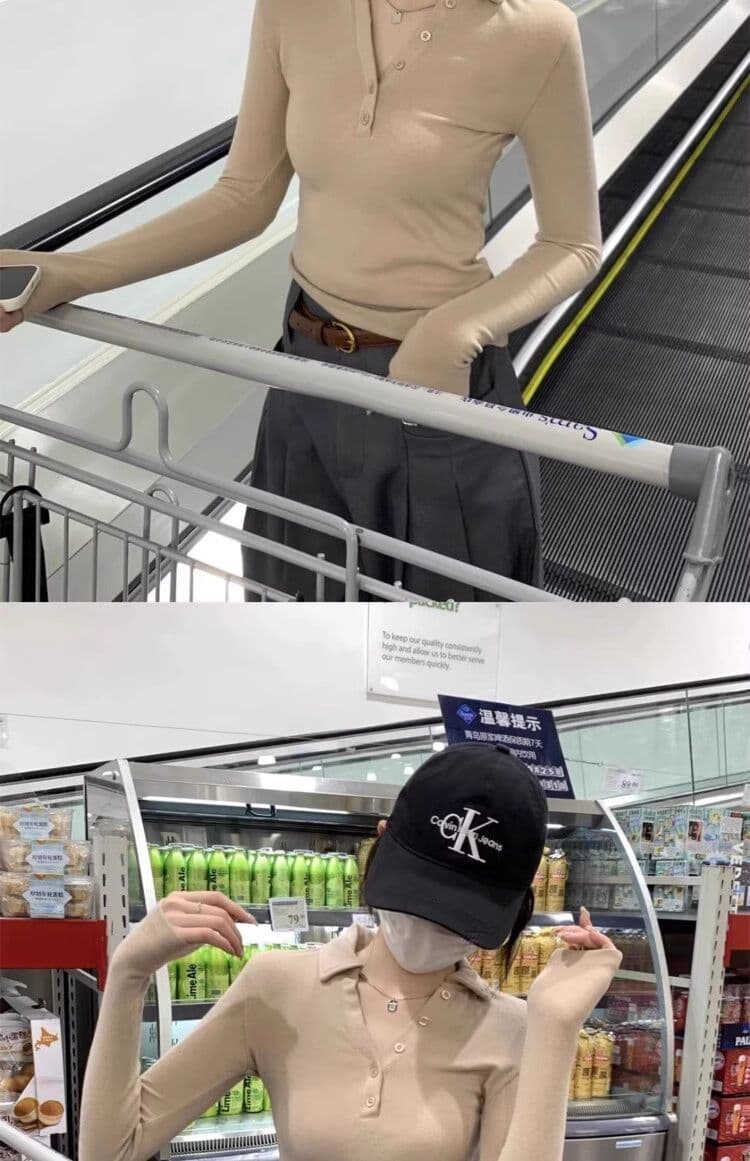 인사이드 가져 가라. POLO 칼라 폴로 칼라 De 플러시 긴팔 티셔츠 여성 이른 가을 쇼트 스타일 몸매 가꾸기 V넥 연삭 털 기본 셔츠 맨위 상세 이미지 14
