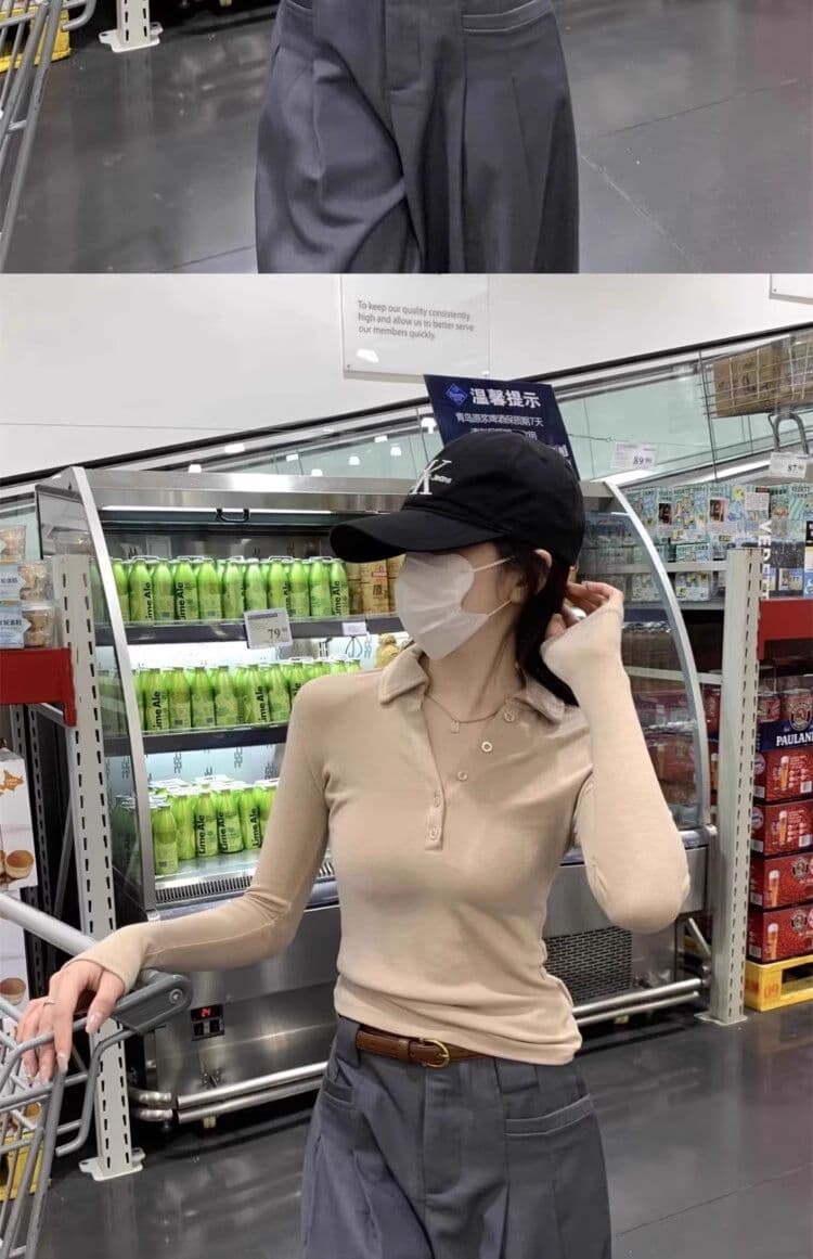 인사이드 가져 가라. POLO 칼라 폴로 칼라 De 플러시 긴팔 티셔츠 여성 이른 가을 쇼트 스타일 몸매 가꾸기 V넥 연삭 털 기본 셔츠 맨위 상세 이미지 16