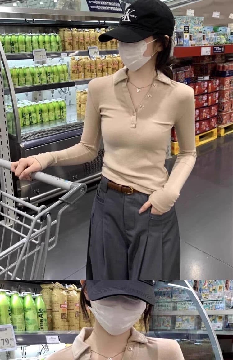 인사이드 가져 가라. POLO 칼라 폴로 칼라 De 플러시 긴팔 티셔츠 여성 이른 가을 쇼트 스타일 몸매 가꾸기 V넥 연삭 털 기본 셔츠 맨위 상세 이미지 18