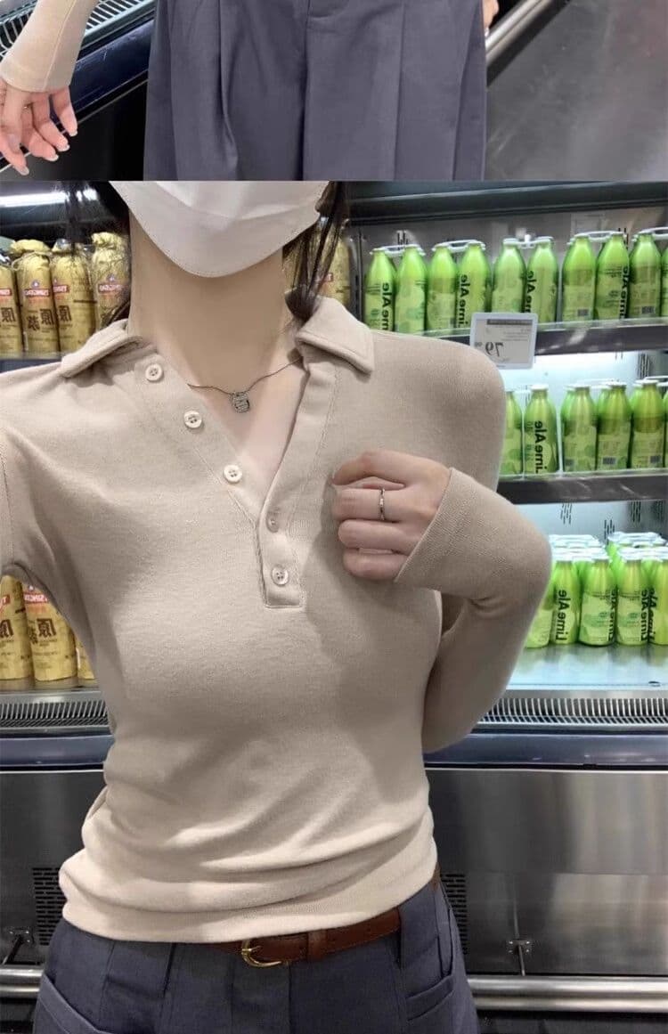 인사이드 가져 가라. POLO 칼라 폴로 칼라 De 플러시 긴팔 티셔츠 여성 이른 가을 쇼트 스타일 몸매 가꾸기 V넥 연삭 털 기본 셔츠 맨위 상세 이미지 22
