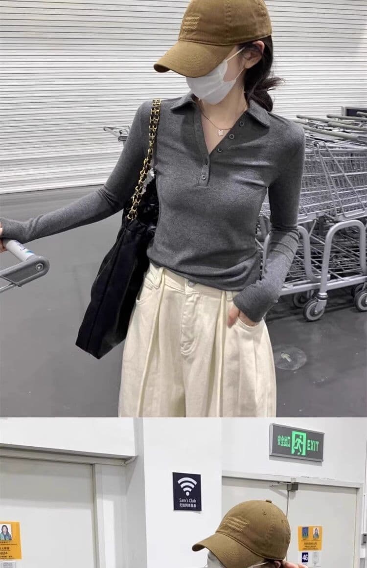 인사이드 가져 가라. POLO 칼라 폴로 칼라 De 플러시 긴팔 티셔츠 여성 이른 가을 쇼트 스타일 몸매 가꾸기 V넥 연삭 털 기본 셔츠 맨위 상세 이미지 24