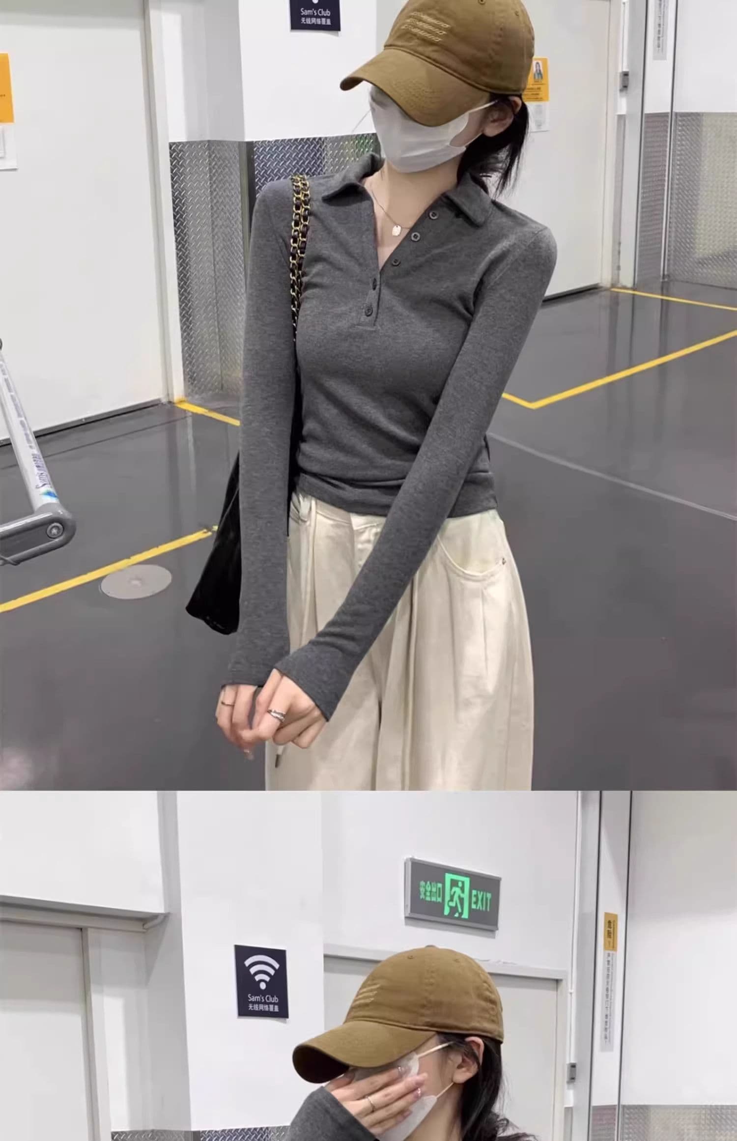 인사이드 가져 가라. POLO 칼라 폴로 칼라 De 플러시 긴팔 티셔츠 여성 이른 가을 쇼트 스타일 몸매 가꾸기 V넥 연삭 털 기본 셔츠 맨위 상세 이미지 30