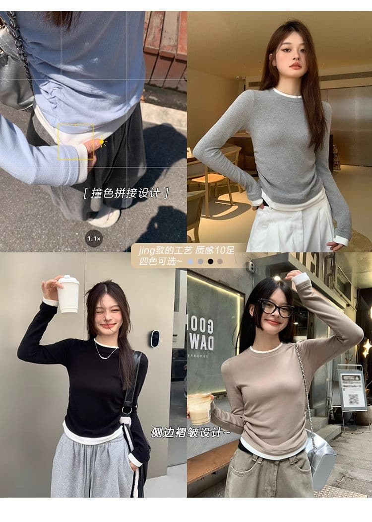 디자인 센스 페이크 레이어드 기본 셔츠 여성 패치워크 주름 티셔츠 이른 가을 작은 대중 긍정적 인 어깨 아메리칸 레트로 긴팔 맨위 상세 이미지 5