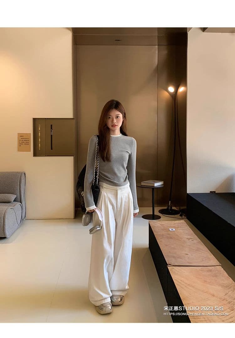 디자인 센스 페이크 레이어드 기본 셔츠 여성 패치워크 주름 티셔츠 이른 가을 작은 대중 긍정적 인 어깨 아메리칸 레트로 긴팔 맨위 상세 이미지 13