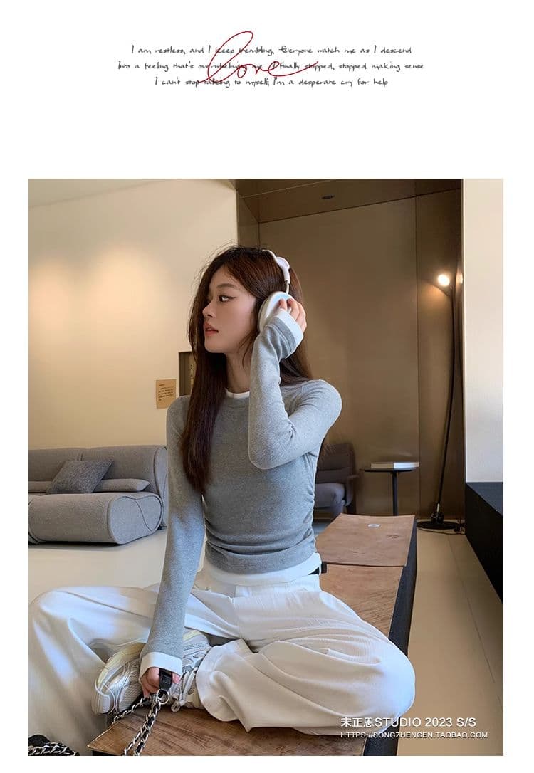 디자인 센스 페이크 레이어드 기본 셔츠 여성 패치워크 주름 티셔츠 이른 가을 작은 대중 긍정적 인 어깨 아메리칸 레트로 긴팔 맨위 상세 이미지 14