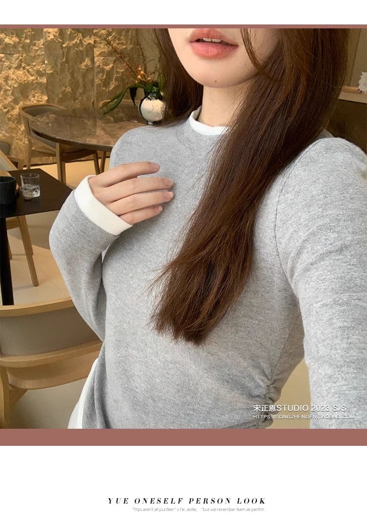 디자인 센스 페이크 레이어드 기본 셔츠 여성 패치워크 주름 티셔츠 이른 가을 작은 대중 긍정적 인 어깨 아메리칸 레트로 긴팔 맨위 상세 이미지 18