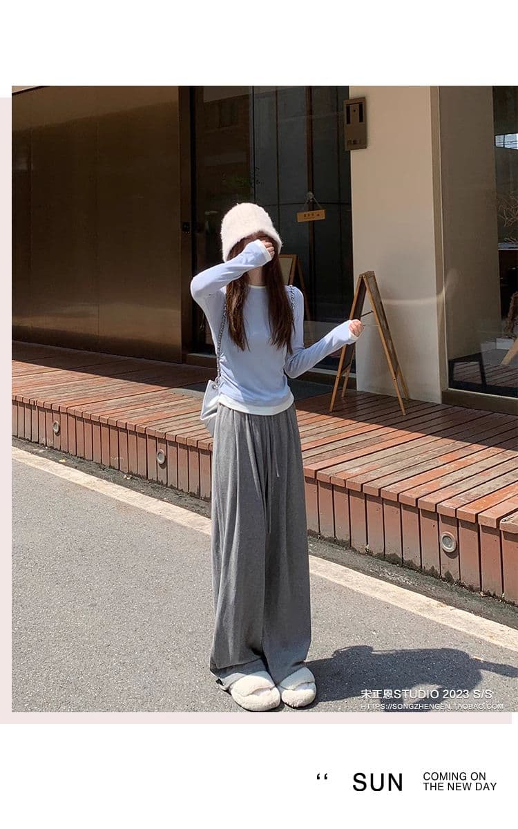 디자인 센스 페이크 레이어드 기본 셔츠 여성 패치워크 주름 티셔츠 이른 가을 작은 대중 긍정적 인 어깨 아메리칸 레트로 긴팔 맨위 상세 이미지 23