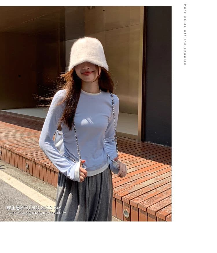 디자인 센스 페이크 레이어드 기본 셔츠 여성 패치워크 주름 티셔츠 이른 가을 작은 대중 긍정적 인 어깨 아메리칸 레트로 긴팔 맨위 상세 이미지 26